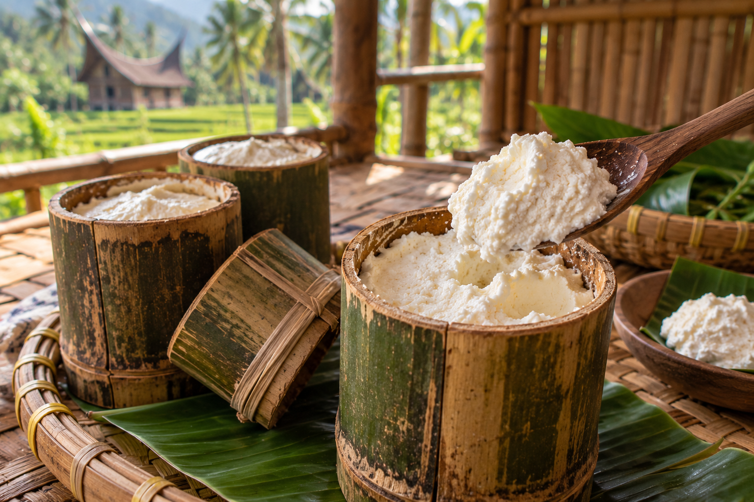 Traditional Indonesian Dadiah Fermented Buffalo Milk in Bamboo